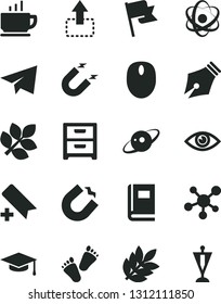 Solid Black Vector Icon Set - add bookmark vector, paper airplane, children's tracks, eye, flag, nightstand, coffee, move up, magnet, horseshoe, mouse, molecule, atom, book, graduate hat, saturn