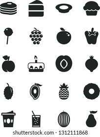 Solid Black Vector Icon Set - cake vector, piece of, torte, a plate milk, peper, Chupa Chups, coffe to go, glass soda, pancakes, peach, large grape, plum, medlar, mulberry, melon, half mango, slice