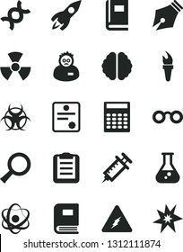 Solid Black Vector Icon Set - rocket vector, flask, electricity, atom, glasses, nuclear, zoom, dna, brain, book, biohazard, scientist, clipboard, calculator, syringe, patente, ink pen, flame torch