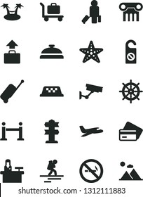 Solid Black Vector Icon Set - plane vector, taxi, backpacker, rope barrier, passenger, rolling case, baggage, credit card, starfish, surveillance, receptionist, no smoking sign, signpost, handwheel