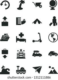 Solid Black Vector Icon Set - child Kick scooter vector, building trolley, globe, planet Earth, retro car, history, lunar rover, paper plane, baggage, passenger, getting, hotel, tent, palm tree