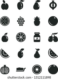 Solid Black Vector Icon Set - cake slice vector, jar of jam, apple, pear, orange, half pomegranate, large grape, medlar, tasty cornels, water melon, ripe plum, kiwi, passion fruit, sour lime, lemon