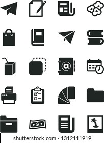 Solid Black Vector Icon Set - paper airplane vector, folder, packing of juice with a straw, books, sample colour, address book, notes, survey, copy, popcorn, morning, newspaper, bag, printer, plane