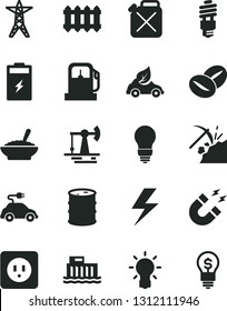 Solid Black Vector Icon Set - lightning vector, bulb, power socket type b, new radiator, a bowl of buckwheat porridge, coffee beans, charging battery, working oil derrick, coal mining, gas station