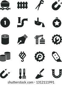 Solid Black Vector Icon Set - iron fork spoons vector, tower crane, hook, trowel, adjustable wrench, gear, star, knife, new radiator, coins, tin, water pipes, magnet, steel production, ink pen, luck