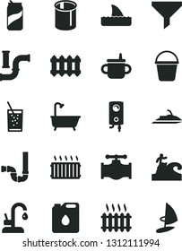 Solid Black Vector Icon Set - mug for feeding vector, bucket, bath, siphon, new radiator, kitchen faucet, boiler, a glass of soda, can, valve, water pipes, canister oil, cast iron, aluminum, filter