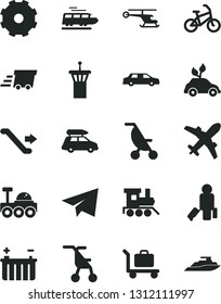 Solid Black Vector Icon Set - truck lorry vector, paper airplane, summer stroller, sitting, baby toy train, battery, environmentally friendly transport, urgent cargo, lunar rover, helicopter, bike
