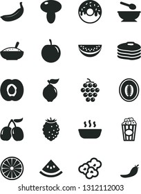 Solid Black Vector Icon Set - deep plate with a spoon vector, mushroom, glazed cake hole, bowl of rice porridge, hot, popcorn, cup, pancakes, half apricot, large grape, quince, tasty raspberry, plum