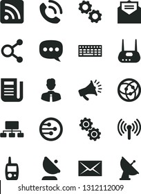 Solid Black Vector Icon Set - envelope vector, rss feed, toy mobile phone, employee, received letter, call, satellite antenna, connections, scheme, horn, newspaper, speech, keyboard, router, network