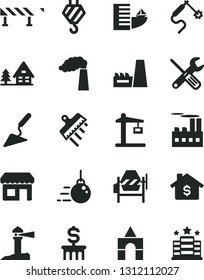 Solid Black Vector Icon Set - box of bricks vector, hook, big core, building trowel, concrete mixer, small tools, spatula, road fence, manufacture, industrial, thermal power plant, gas welding