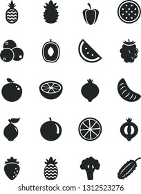 Solid Black Vector Icon Set - a pineapple vector, orange slice, quince, raspberry, medlar, half of, blackberry, blueberries, delicious plum, tangerine, passion fruit, apple, lemon, ripe, grapefruit