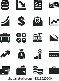 Solid Black Vector Icon Set - bank card vector, growth up, dollar, graph, negative chart, case, cards, math actions, coins, column of, recession, article on the, wallet, dollars, cash machine