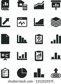 Solid Black Vector Icon Set - clean sheet of paper vector, pie chart, bar, growth, positive histogram, estimate, cardiogram, pile, survey, statistical report, overview, book on statistics, financial