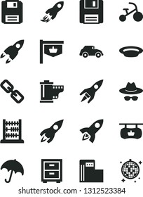 Solid Black Vector Icon Set - Spectacles Vector, Hat With Glasses, Camera Roll, Bedside Table, Tricycle, Abacus, Umbrella, Plate, Modern Gas Station, Retro Car, Vintage Sign, Rocket, Space, Floppy