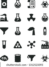 Solid Black Vector Icon Set - round flask vector, manufacture, factory, oil, barrel, industrial building, radiation, carbon dyoxide, filter, water, research article, test tube, molecule, nuclear