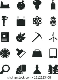 Solid Black Vector Icon Set - potty chair vector, sample of colour, putty knife, mushroom, half passion fruit, pineapple, windmill, accumulator, calipers, hand bag, tablet pc, motherboard, magnifier