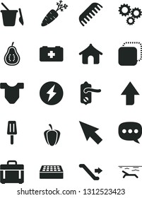Solid Black Vector Icon Set - upward direction vector, Child T shirt, comb, bag of a paramedic, children's sand set, door knob, brick, case, copy, popsicle, part guava, ripe pepper, carrot, speech