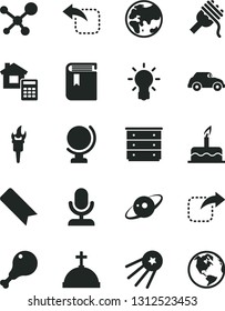Solid Black Vector Icon Set - bookmark vector, book, chest of drawers, cake, estimate, globe, move right, left, spaghetti, chicken leg, planet, retro car, molecule, bulb, saturn, flame torch, earth