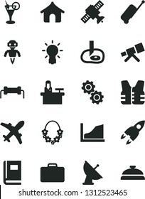 Solid Black Vector Icon Set - telescope vector, bulb, gears, satellite, book, artifical insimination, growth graph, robot, antenna, rocket, resistor, suitcase, plane, rolling case, boungalow