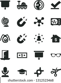 Solid Black Vector Icon Set - molecule vector, glasses, dna, bactery, globe, oscilloscope, magnet, graduate hat, earth core, lunar rover, presentation board, exit door, vote check, dollar, mortgage