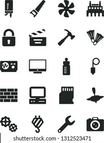 Solid Black Vector Icon Set - movie cracker vector, feeding bottle, small yule, brickwork, hook, gears, hand saw, plummet, electronic boiler, hammer with claw, lock, screen, marine propeller, camera