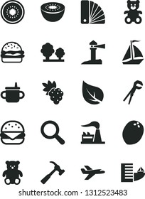 Solid Black Vector Icon Set - magnifier vector, mug for feeding, teddy bear, small, adjustable wrench, color samples, hammer with claw, big burger, grape, kiwi, half of, coconut, leaf, factory