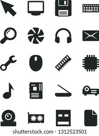 Solid Black Vector Icon Set - fan vector, mouse, keyboard, motherboard, cpu, memory, gpu card, monitor, web camera, usb, scanner, headphones, floppy, projector, magnifier, note, mail, repair, cursor