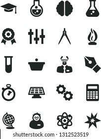 Solid Black Vector Icon Set - pan vector, flask, test tube, atom, brain, gears, settings, globe, flame, scientist, graduate hat, calculator, drawing compass, medal, sun panel, stopwatch, ink pen