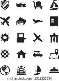 Solid Black Vector Icon Set - earth vector, plane, car baggage, bus, sail boat, security gate, scanner, credit card, boungalow, sun, hotel, map, safe, shield, handwheel, windsurfing, reception bell