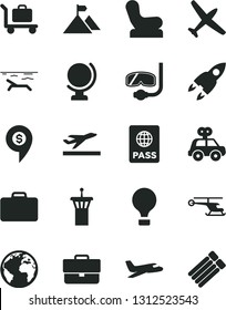 Solid Black Vector Icon Set - sign of the planet vector, briefcase, Baby chair, motor vehicle present, globe, passport, rocket, mountain flag, helicopter, dollar pin, plane, air balloon, suitcase
