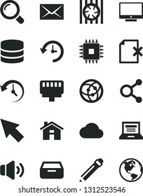 Solid Black Vector Icon Set - house vector, laptop, envelope, graphite pencil, magnifier, screen, volume, drawer, delete page, connections, radiator fan, cpu, network, lan connector, big data, cloud
