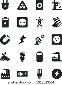 Solid Black Vector Icon Set - lightning vector, charge level, charging battery, big solar panel, factory, oil, power line, plug, socket, industrial building, energy saving bulb, mercury light, sun