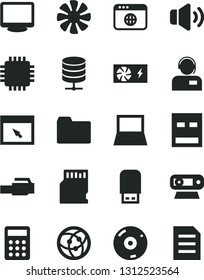 Solid Black Vector Icon Set - folder vector, big data server, volume, operator, calculator, notebook pc, fan, power supply, cpu, monitor, web camera, usb, cd, flash, network, browser, lan connector