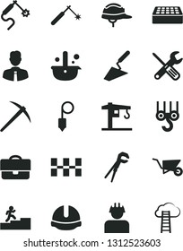 Solid Black Vector Icon Set - crane vector, winch hook, building trolley, trowel, small tools, adjustable wrench, ceramic tiles, construction helmet, brick, plummet, employee, builder, welding, gas
