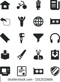 Solid Black Vector Icon Set - bookmark vector, download archive data, tricycle, dwelling, hand saw, headphones, earth, unpacking, move left, energy saving bulb, caliper, filter, newspaper, gpu card