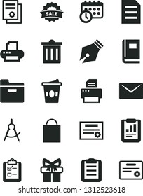 Solid Black Vector Icon Set - bin vector, paper bag, envelope, folder, survey, coffe to go, scribed compasses, statistical report, scientific publication, gift, sale, printer, schedule clock, file