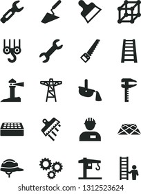 Solid Black Vector Icon Set - crane vector, workman, winch hook, trowel, arm saw, stepladder, helmet, brick, putty knife, spatula, pavement, power pole, steel repair key, calipers, production