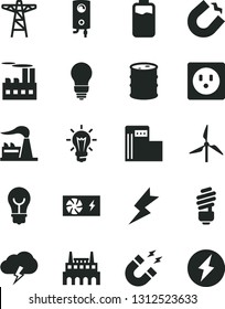 Solid Black Vector Icon Set - saving light bulb vector, lightning, boiler, storm cloud, charge level, modern gas station, windmill, factory, barrel, power pole, socket, industrial building