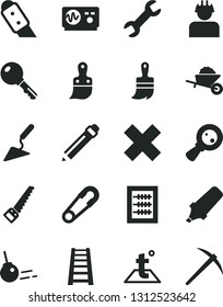 Solid Black Vector Icon Set - graphite pencil vector, cross, new abacus, safety pin, garden trolley, building trowel, arm saw, plastic brush, wooden paint, stepladder, knife, temperature, core, key