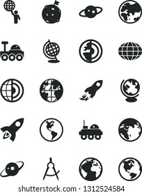Solid Black Vector Icon Set - sign of the planet vector, Earth, scribed compasses, space rocket, globe, core, saturn, lunar rover, man hold world, flag on moon