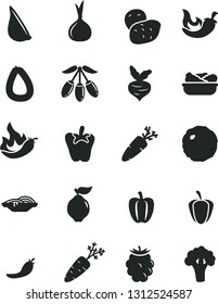 Solid Black Vector Icon Set - stick of sausage vector, slices onion, lettuce in a plate, cabbage, chili, peper, garlic, carrot, quince, blackberry, goji berry, Bell pepper, ripe, red, hot, potato