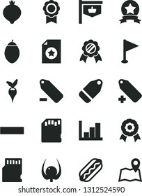 Solid Black Vector Icon Set - minus vector, add label, remove, pennant, negative histogram, Hot Dog, medlar, tamarillo, physalis, radish, vintage sign, sd card, medal, star ribbon, certificate, map