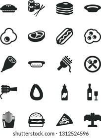 Solid Black Vector Icon Set - stick of sausage vector, piece pizza, Hot Dog, mini, burger, spaghetti, noodles, pie, plate, grill chicken leg, bacon, fried potato slices, sushi set, egg, omelette