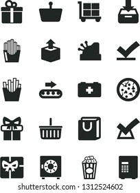 Solid Black Vector Icon Set - cargo trolley vector, grocery basket, bag of a paramedic, put in box, strongbox, with handles, gift, unpacking, pizza, French fries, fried potato slices, cup popcorn