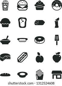 Solid Black Vector Icon Set - sausage vector, cheese, loaf, Hot Dog, mini, big burger, cake, muffin, with a hole, glazed, bowl of buckwheat porridge, plate milk, fried potato slices, cup popcorn