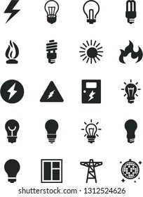 Solid Black Vector Icon Set - lightning vector, matte light bulb, incandescent lamp, window, dangers, power pole, energy saving, mercury, electricity, flame, sun, disco ball