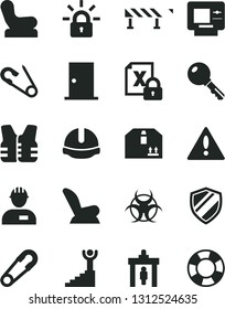 Solid Black Vector Icon Set - warning vector, Baby chair, car child seat, safety pin, open, workman, ntrance door, construction helmet, road fence, key, cardboard box, encrypting, biohazard, atm