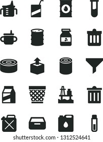 Solid Black Vector Icon Set - wicker pot vector, bin, mug for feeding, measuring cup, e, dust, drawer, package, unpacking, canned goods, tin, jar of jam, sea port, oil, barrel, canister, filter