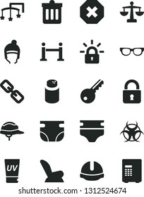Solid Black Vector Icon Set - mark of injury vector, spectacles, scales, toys over the cot, diaper, nappy, powder, car child seat, winter hat, construction helmet, dust bin, lock, encrypting, key