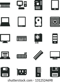 Solid Black Vector Icon Set - laptop vector, monitor, screen, processor, computer, tablet pc, notebook, radiator fan, keyboard, power supply, tower, motherboard, memory, card, hdd, floppy